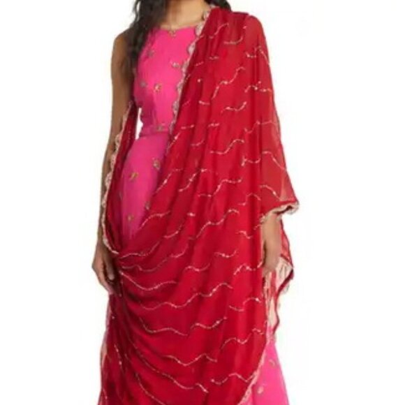 Sani Pink Red Gold Metallic Embroidered Anarkali with Dupatta - Picture 1 of 2